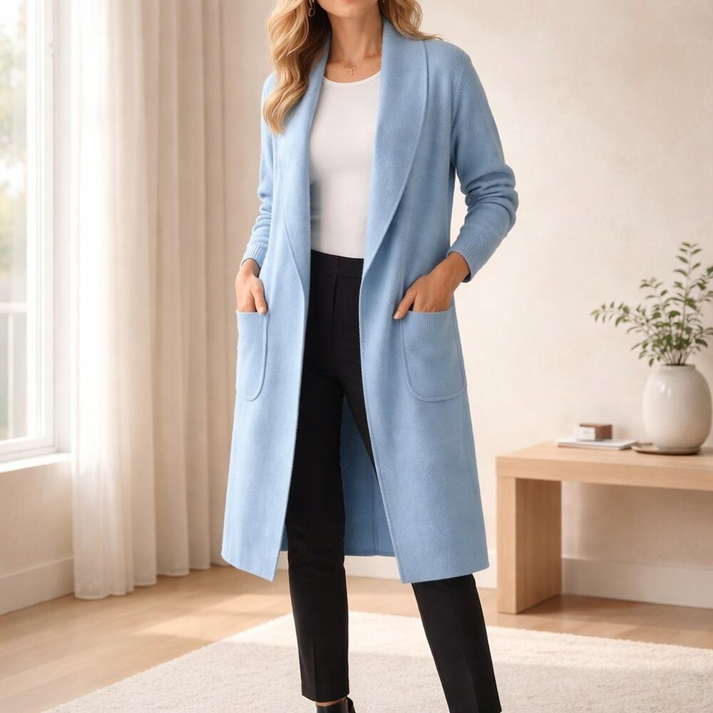 Max Sport Luxurious Designer Open Front Sweater Heather Cardigan Blue NWT